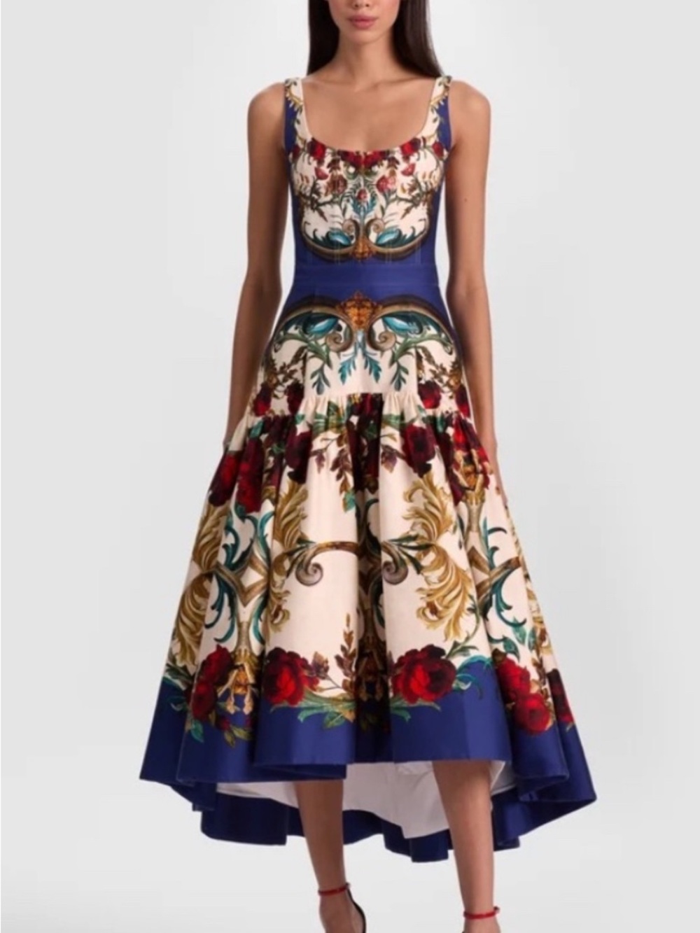 Alice + Olivia Navy, Diana MIDI dressBaroque Fit-Gilded Rose Floral High-Low